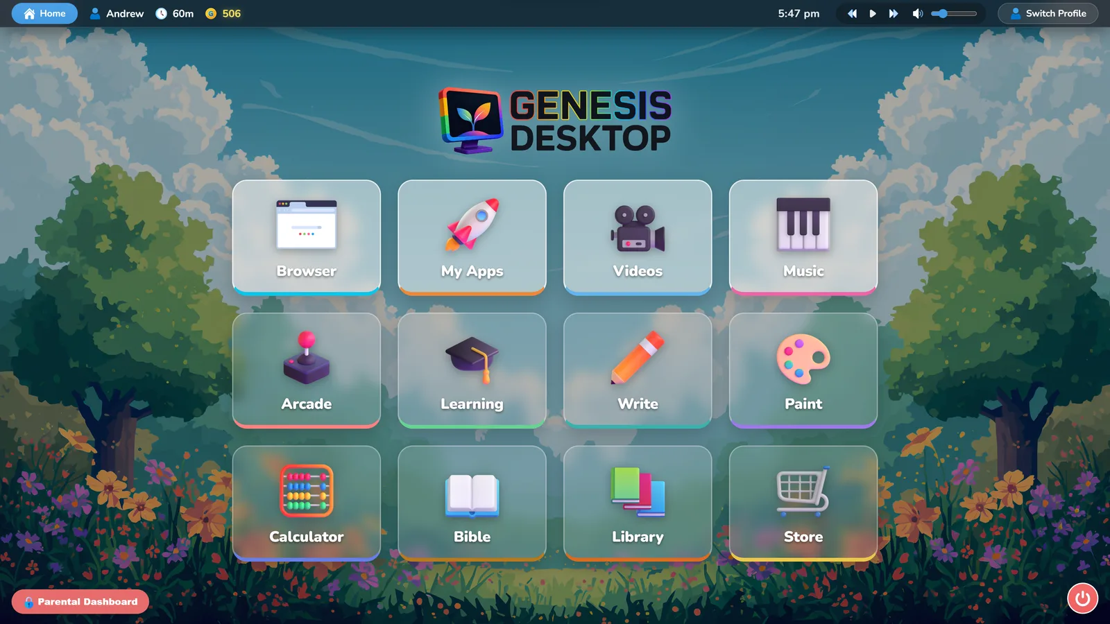 The Genesis Desktop home screen: twelve colourful app tiles on a friendly background